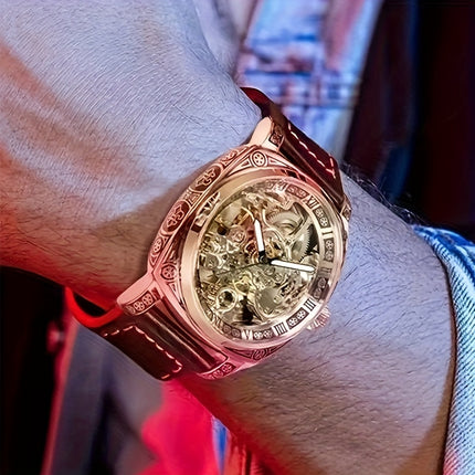 1pc Teen Men'S Yellow Black PU Belt Retro Style Noble Carved Hollow Tourbillon Mechanical Watch,