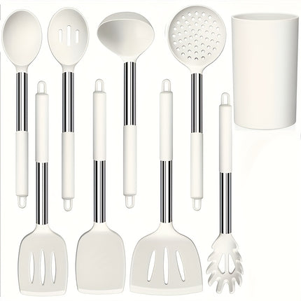 9pcs Silicone Kitchen Set with a Holder, Non-Stick Cookware Featuring Stainless Steel Handles,