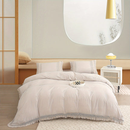 Beige Tassel Bedding Set 3pcs Quilt Cover Boho Solid Duvet Cover Set Burnt Orange Tassel Design with 50x75cm