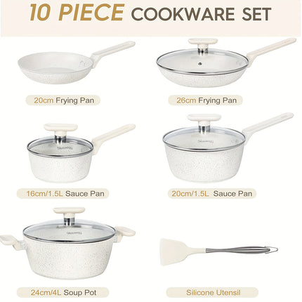 10-Piece White Granite Cookware Set - Durable Non-Stick Coatings, Complete Pots and Pans Set