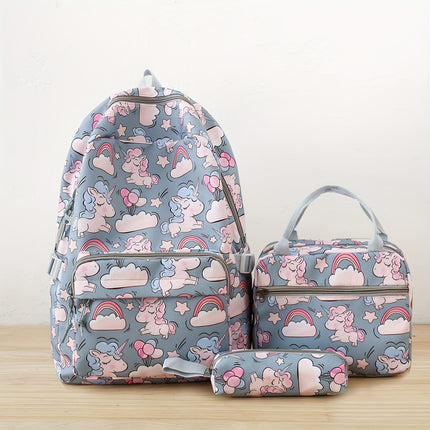 Cartoon Nylon Print Backpack, Campus Lightweight Large Capacity Student Bookbag Three-Piece Set