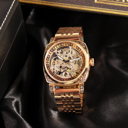 1pc Men's Rose Golden-Tone Automatic Tourbillon Mechanical Watch - Roman Numeral