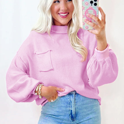 Pink Raw Edge Ribbed Detail Drop Shoulder Sweater