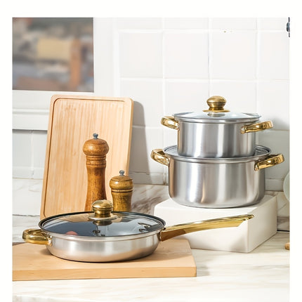 12pcs Stainless Steel Cookware Set, (6 Pots + 6 Lids) Kitchen Cooking Set With Golden Handles,