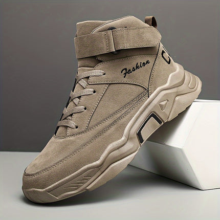 Men's Mid-Top Lace-Up Sneakers, Outdoor Hiking Shoes, Solid Color Thick-Sole Lace-Up Shoes,