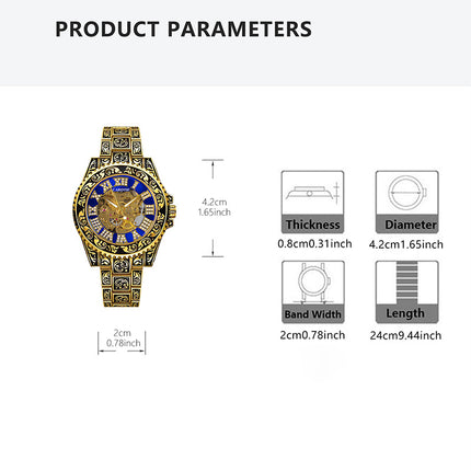 1pc Men'S Black Blue Steel Strip Retro Style Noble Ancient Roman Gear Carving Tourbillon Mechanical Watch