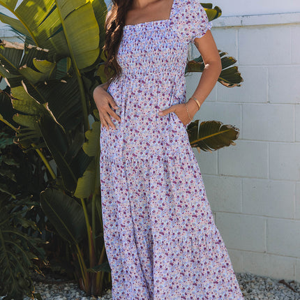 Purple Floral Short Bubble Sleeve Shirred High Waist Maxi Dress