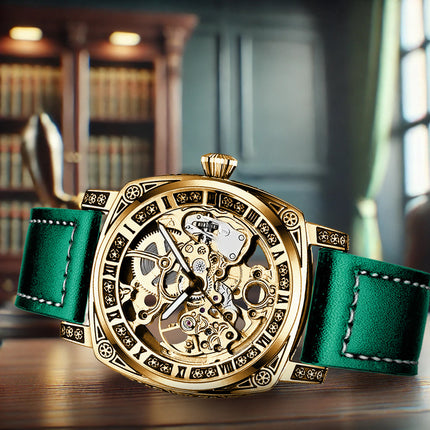 1pc Men'S Luxury Mechanical Watch with Green PU Strap - Automatic Winding Movement