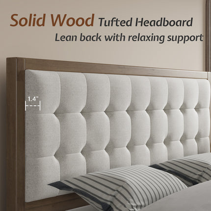 Wooden Bed Frame, High Upholstered Tufted Headboard, Sturdy Wood Platform, No Box Spring Required