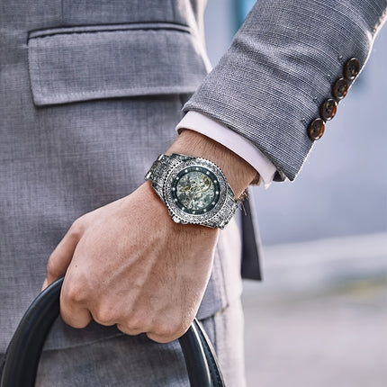 Men'S Vintage Mechanical Watch Luxury Hollow Case with Golden-Tone Dial, Mechanical Movement