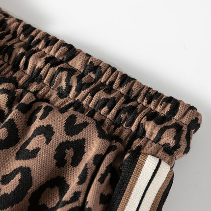 Khaki Leopard Print Quarter Zip Long Sleeve Top Mini Skirt Set