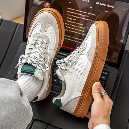 Men'S Retro Low-Top Sneakers - White & Green Accent Lace-Up Shoes with Golden-Tan Sole