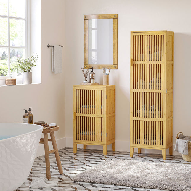 Storage Cabinet Organizer with 4 Shelves and Slatted Door Design for Bathroom Bedroom Living Room 40 x 30 x 140 cm