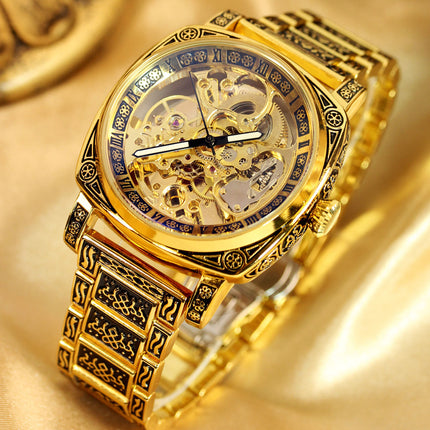 1pc Men'S Black and Yellow Steel Strip Party Style Exquisite Carving Fully Automatic Ancient Roman Mechanical Watch