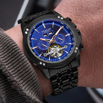 Men'S Automatic Mechanical Watch - Date Display, Stainless Steel Band, Luxury Round Dial