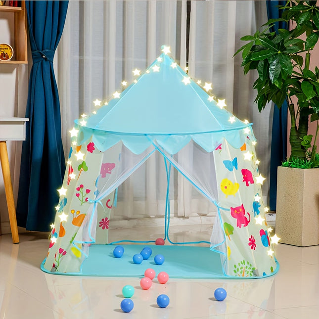 Blue Mongolian Yurt Tent with Starry String Lights - Portable & Foldable Youngsters' Playhouse, Indoor/Outdoor Princess Theme Castle for Boys & Girls, Perfect Birthday or Holiday Gift, Polyester Material, PVC Stand, White/Blu
