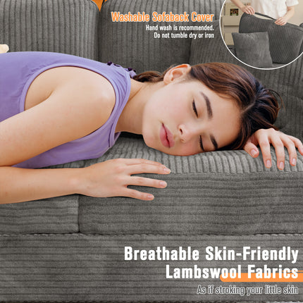 Sofa Couch 84" 3-Seater with 2 Pillows, Cup Holders & Side Pockets - Space-Saving Grey Foam