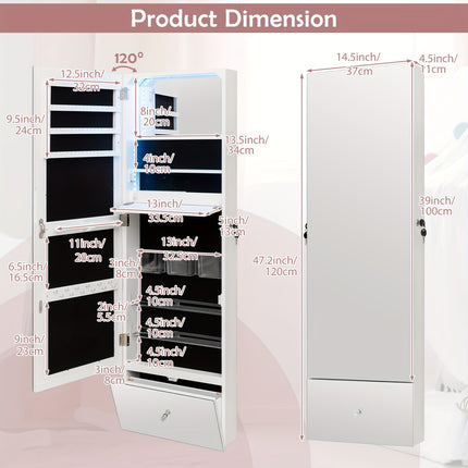 Wall Mounted Jewelry Cabinet Armoire Full-Length Mirror w/ LED Lights & Drawer