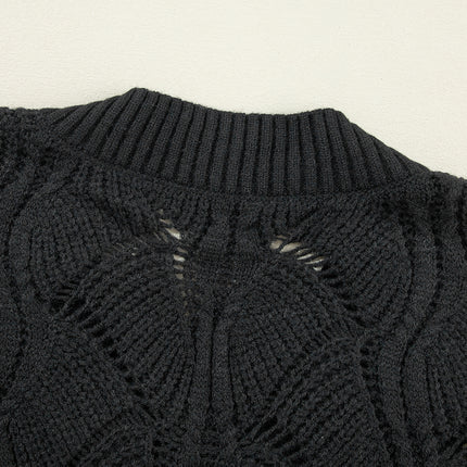 Black Hollow Out Knit V Neck Drop Shoulder Sweater