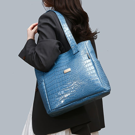 Crocodile Pattern Handbag - Large Capacity, Multi-Pocket Shoulder Handbag with Zipper Closure