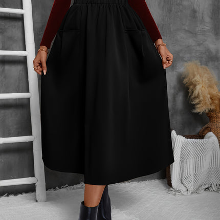 Solid Ruffle Hem Skirt, Elegant Patched Pocket Elastic Waist Loose Midi Skirt For Fall & Winter, Women's Clothing