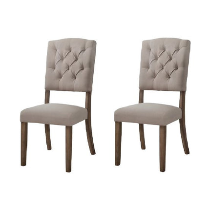 Set of Two Tufted Cream and Brown Upholstered Linen Open Back Dining Side Chairs