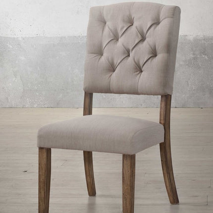 Set of Two Tufted Cream and Brown Upholstered Linen Open Back Dining Side Chairs