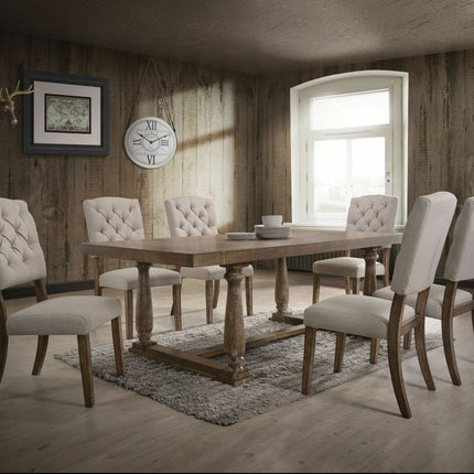 Set of Two Tufted Cream and Brown Upholstered Linen Open Back Dining Side Chairs