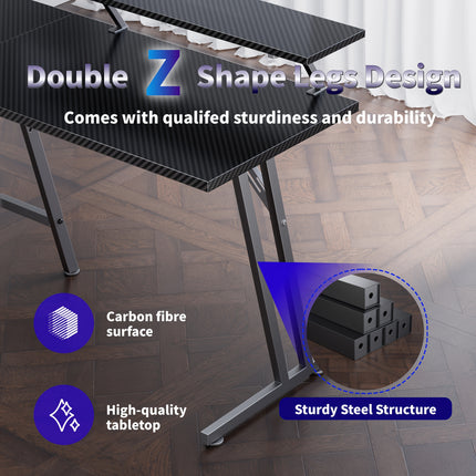 L-Shaped Gaming Desk with Carbon Fiber Surface, Dual Monitor Stands & LED