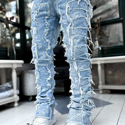 Men Trousers Individual Patched Pants Long Tight Fit Stacked Jeans For Mens Clothing