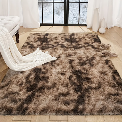 A Tie-Dye Coffee-Colored Plush Rug - a Rectangular Mat Designed for The Living Room, Bedroom