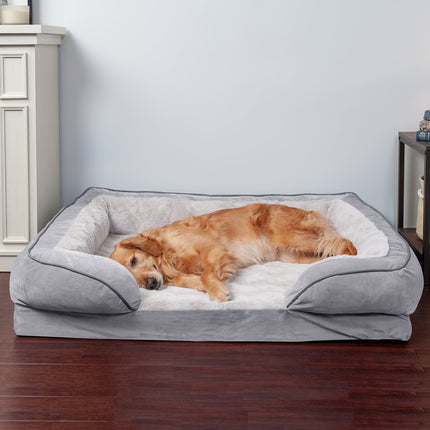 Orthopedic Dog Sofa Bed, Rectangle Elevated Pet Couch with Armrests, Washable Polyester Cover, Polyurethane Foam Filling, with Detachable Bolster for Extra Small to Large Breeds, Comfortable & Warm Pet Sleeping Pad