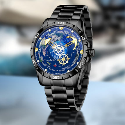 Men's Automatic Mechanical Watch - Navy Blue Dial with Golden Hands, Compass Rose Steering Wheel