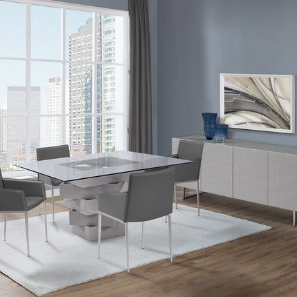 59" Clear And Gray Square Glass And Solid Wood Pedestal Base Dining Table