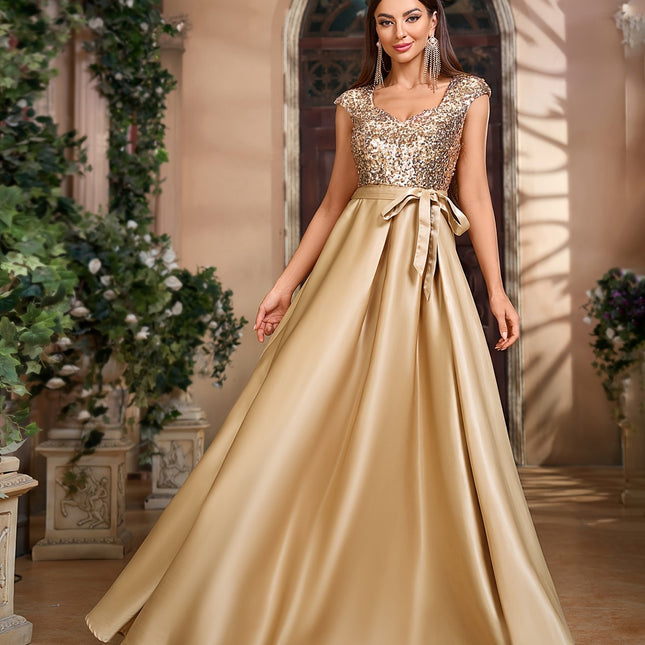 Short Sleeve Bow Belt Sequin Dress, Family Gathering Birthday Party Dress, Elegant and Fashionable Dress,