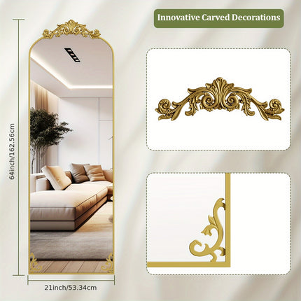 Full Length Mirror, 64"x21" Floor Mirror Freestanding With Carved Metal Frame & Bottom Art Carved,