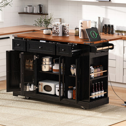 K&K 53'' Farmhouse Kitchen Island with Two Tempered Glass Cabinet Doors, Power Outlet, Rolling Kitchen Cart on Wheels with Drop Leaf, 5 Open Side Racks, 3 Drawers, for Kitchen, Dining Room, Black