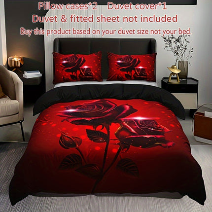 3pcs Red Rose Print Duvet Cover Set - Includes 1 Duvet Cover & 2 Pillowcases, Breathable Polyester, Machine Washable - Perfect for All Seasons