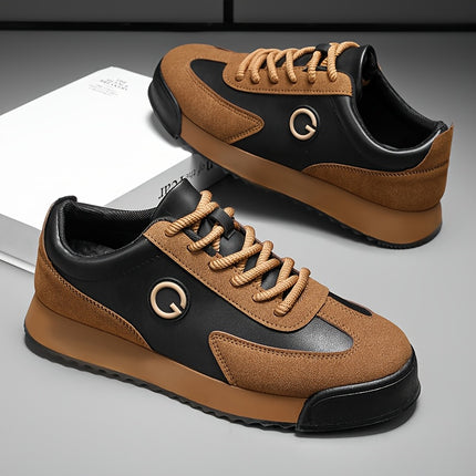 Men'S Low-Top Skate Sneakers - Brown & Black PU with Golden