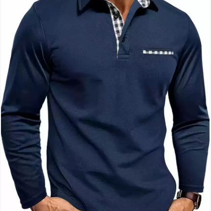 Casual Plaid Splicing Lapel Polo Shirt Fashion Solid Color Long Sleeve Top Men's Clothing