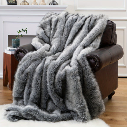 Luxury Reversible Fox Fur & Plush Velvet Throw Blanket - Super Soft Fluffy All-Season Grey Elegant Blanket