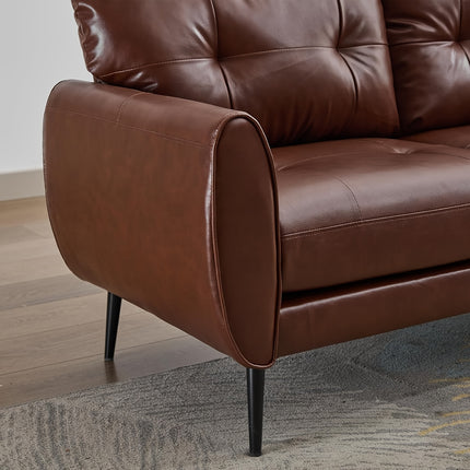 Modern Tufted Mini Sofa Brown Faux Leather, Comfy Office 2-Seat Settee for Small Spaces, Bedroom, Living Room