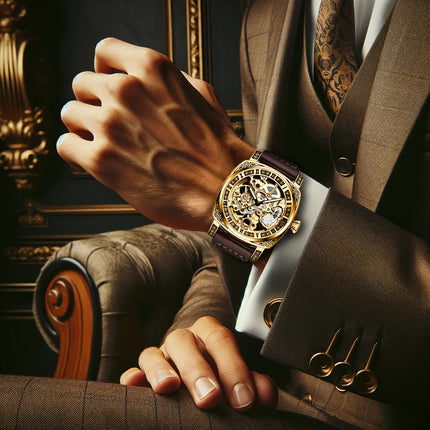 1pc Men's Roman Numeral Mechanical Watch - Automatic Winding Luxury Dress Watch with Golden-Tone