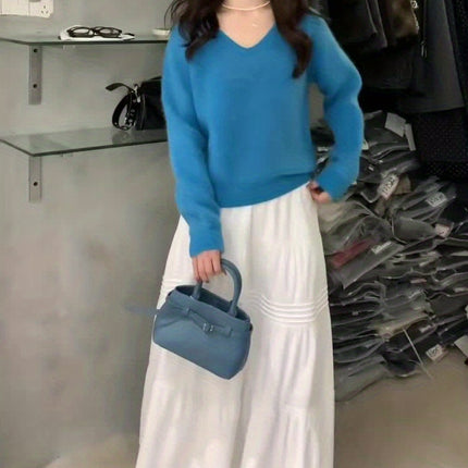 Women's 2025 New Corduroy A-Line Maxi Skirt - Winter Deep Navy Blue Pleated Flared