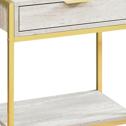 24" Gold And Beige Wood And Metal End Table With Drawer And Shelf