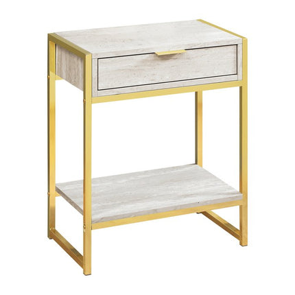 24" Gold And Beige Wood And Metal End Table With Drawer And Shelf