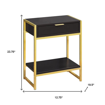 24" Gold And Beige Wood And Metal End Table With Drawer And Shelf