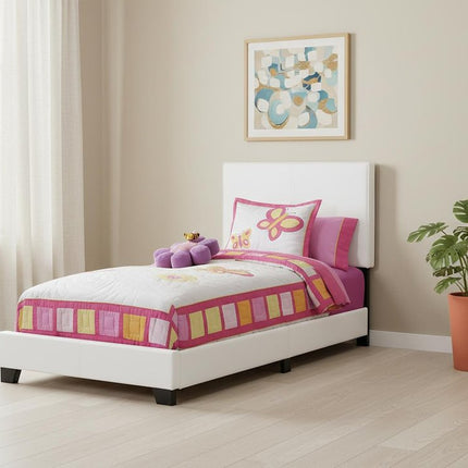 White Solid Wood Twin Upholstered Faux Leather Bed Frame