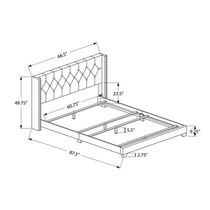 Gray Solid Wood And Tufted Linen Queen Bed Frame with Nailhead Trim