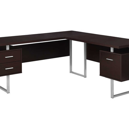 71" Brown and Silver L Shape Computer Desk With Three Drawers